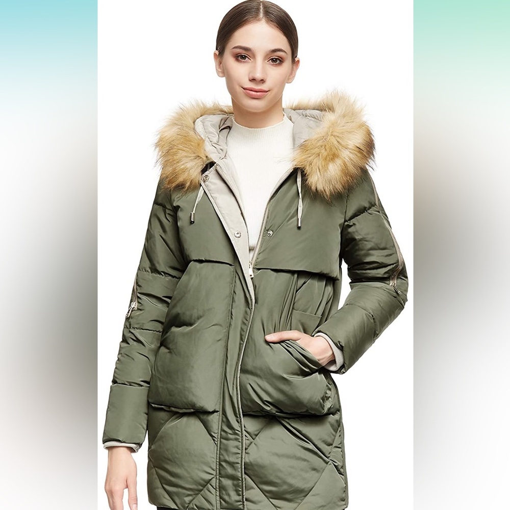 Women's Olive Green Puffer Coat with Faux Fur Hood